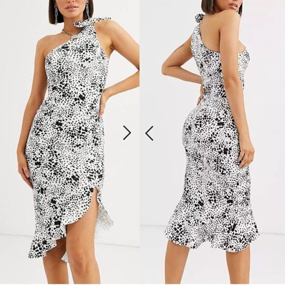 ASOS DESIGN One Shoulder Bow Detail Smudge Print Black White Midi Dress NWT - Picture 1 of 10